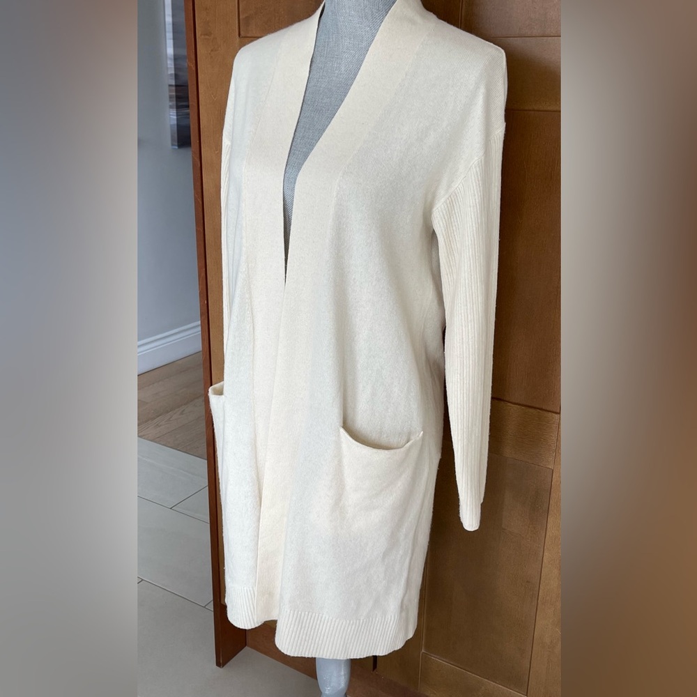 THEORY 100% Cashmere Cream Open Front Ribbed Sleeve Women's Sweater, Small